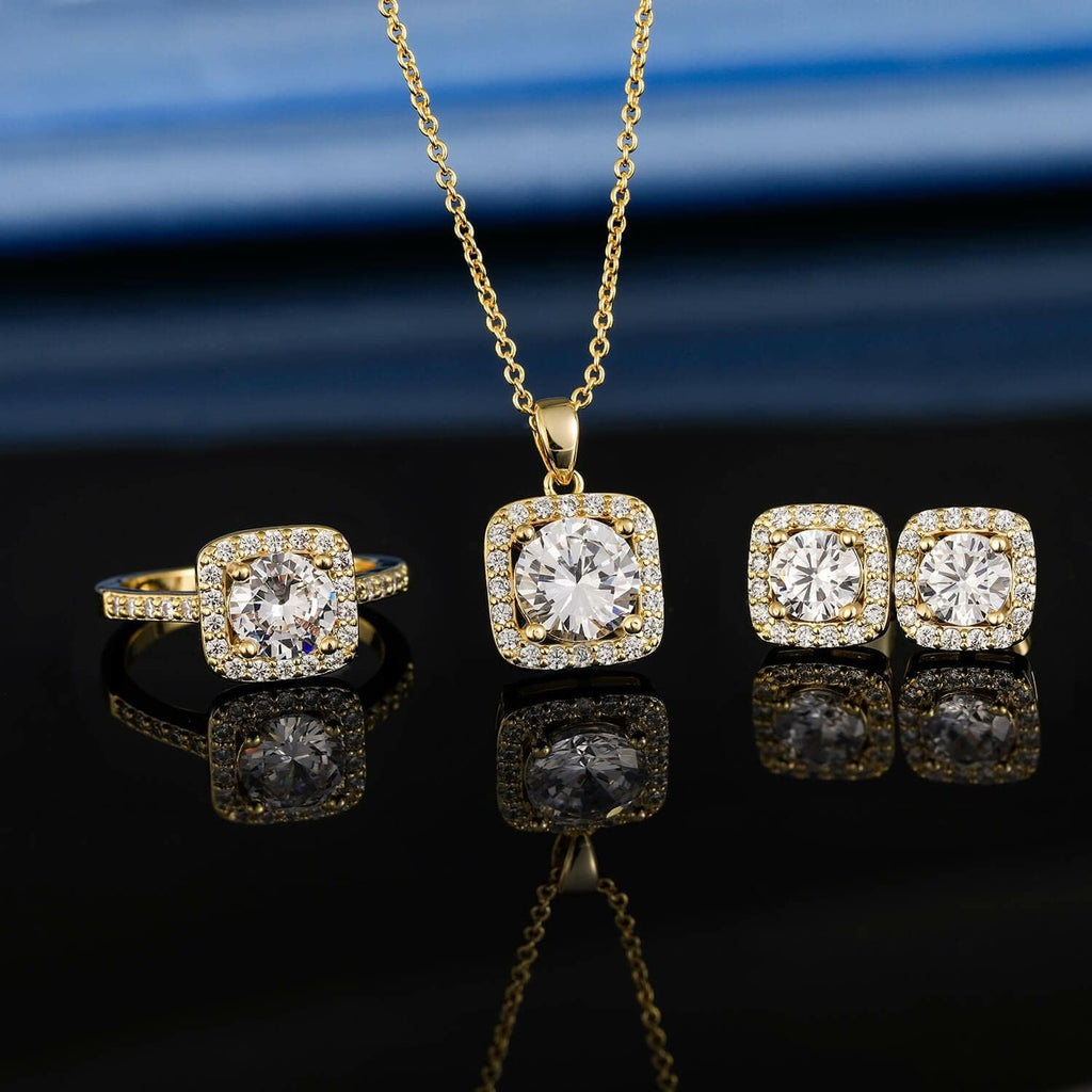 Jewelry Set for Women, 18K Rose Gold Plated Halo Cubic Zirconia Necklace/Earrings/Rings Wedding Hypoallergenic Jewelry Three-In-One