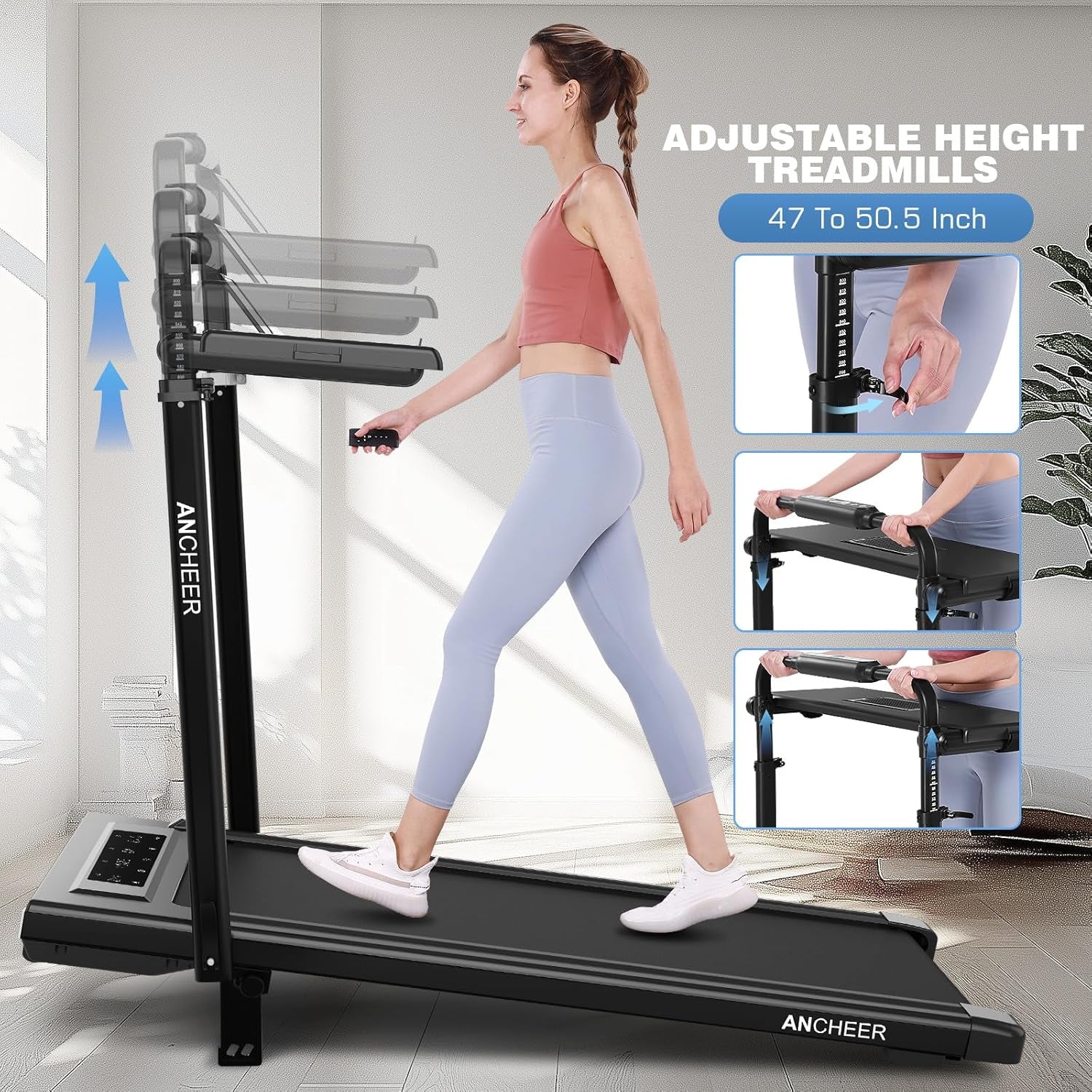 Height-Adjustable Desk Treadmill with 15% Incline for Home Office Workout | 8 in 1 Folding Treadmill 450Lbs Weight Capacity, 3.5HP Quiet Portable Treadmill with Desk, 3 Type Control, Ready to Use