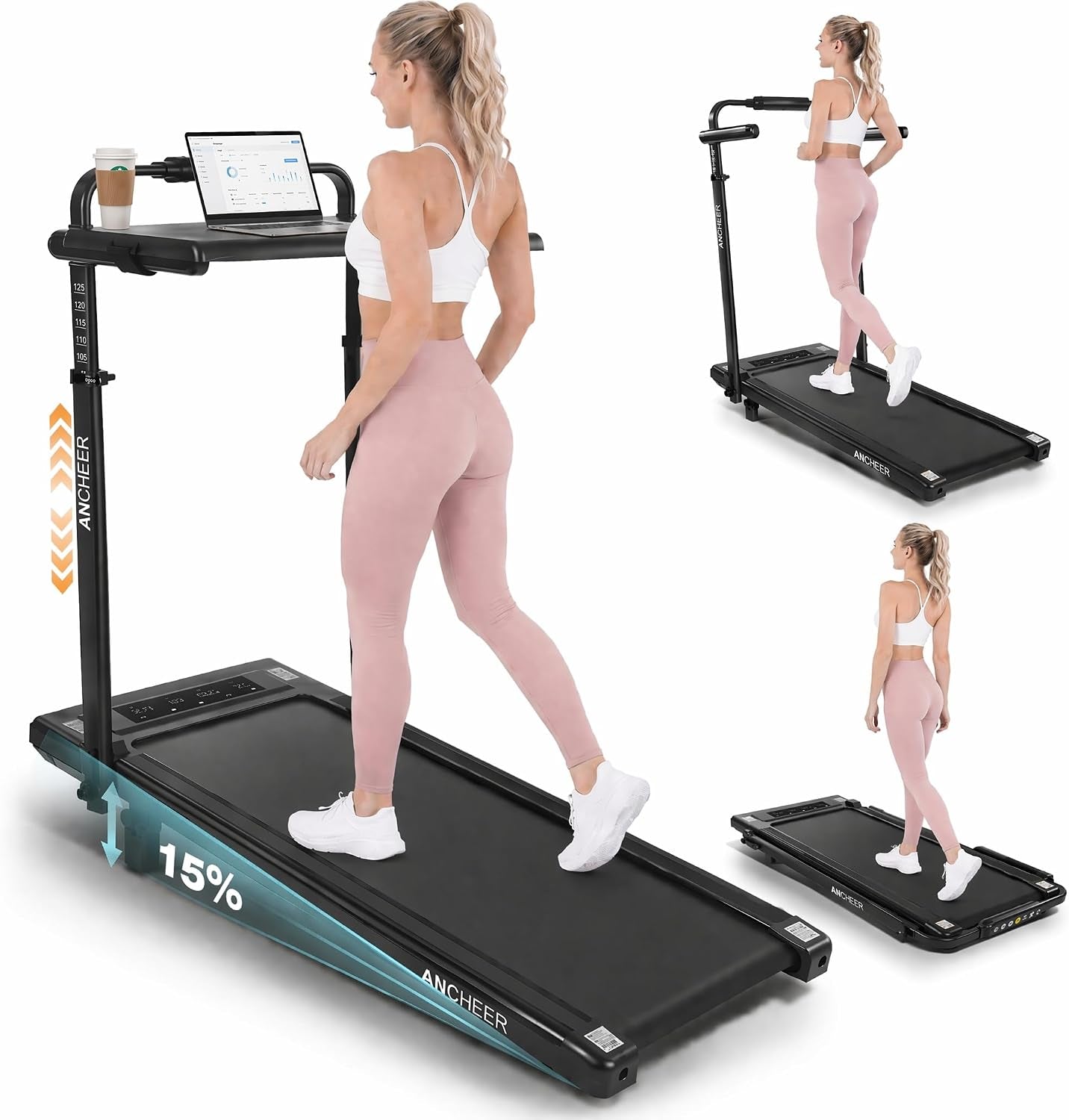 Height-Adjustable Desk Treadmill with 15% Incline for Home Office Workout | 8 in 1 Folding Treadmill 450Lbs Weight Capacity, 3.5HP Quiet Portable Treadmill with Desk, 3 Type Control, Ready to Use
