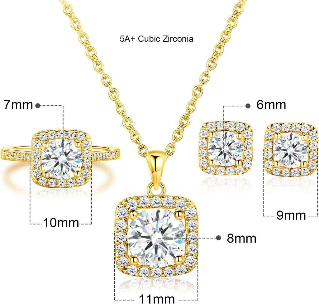 Jewelry Set for Women, 18K Rose Gold Plated Halo Cubic Zirconia Necklace/Earrings/Rings Wedding Hypoallergenic Jewelry Three-In-One