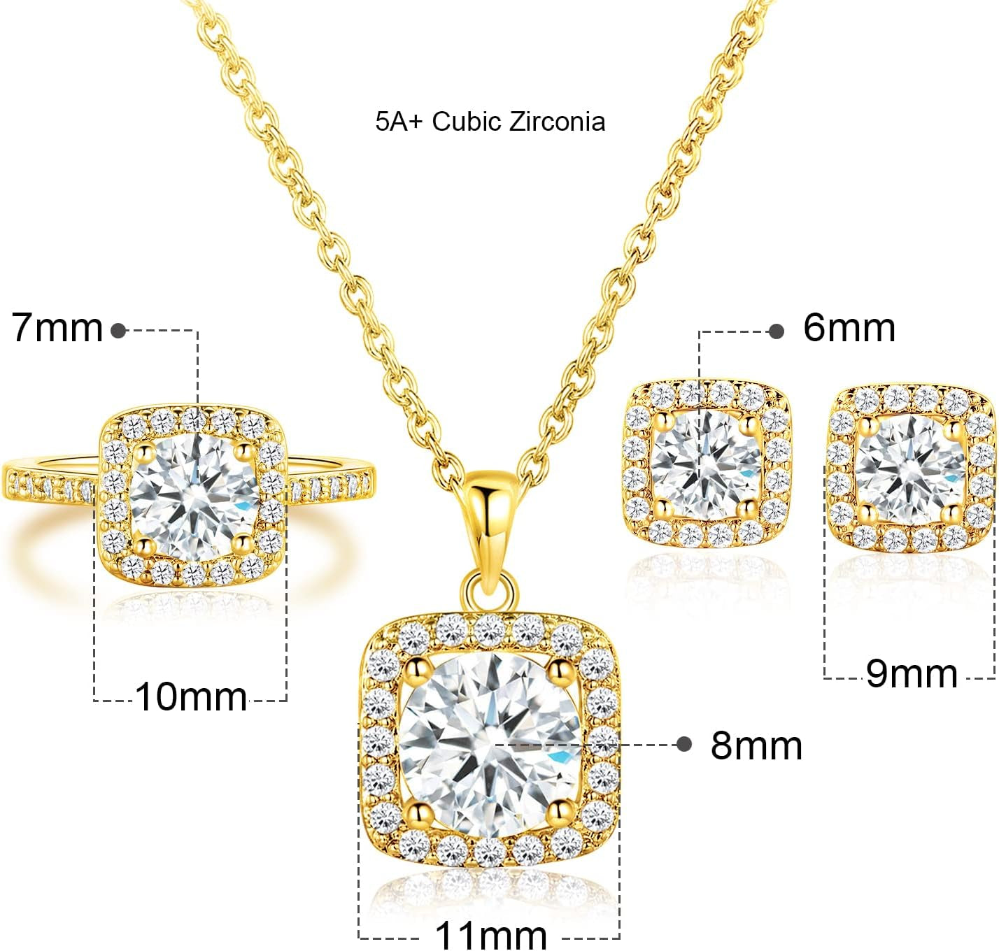 Jewelry Set for Women, 18K Rose Gold Plated Halo Cubic Zirconia Necklace/Earrings/Rings Wedding Hypoallergenic Jewelry Three-In-One