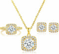 Jewelry Set for Women, 18K Rose Gold Plated Halo Cubic Zirconia Necklace/Earrings/Rings Wedding Hypoallergenic Jewelry Three-In-One