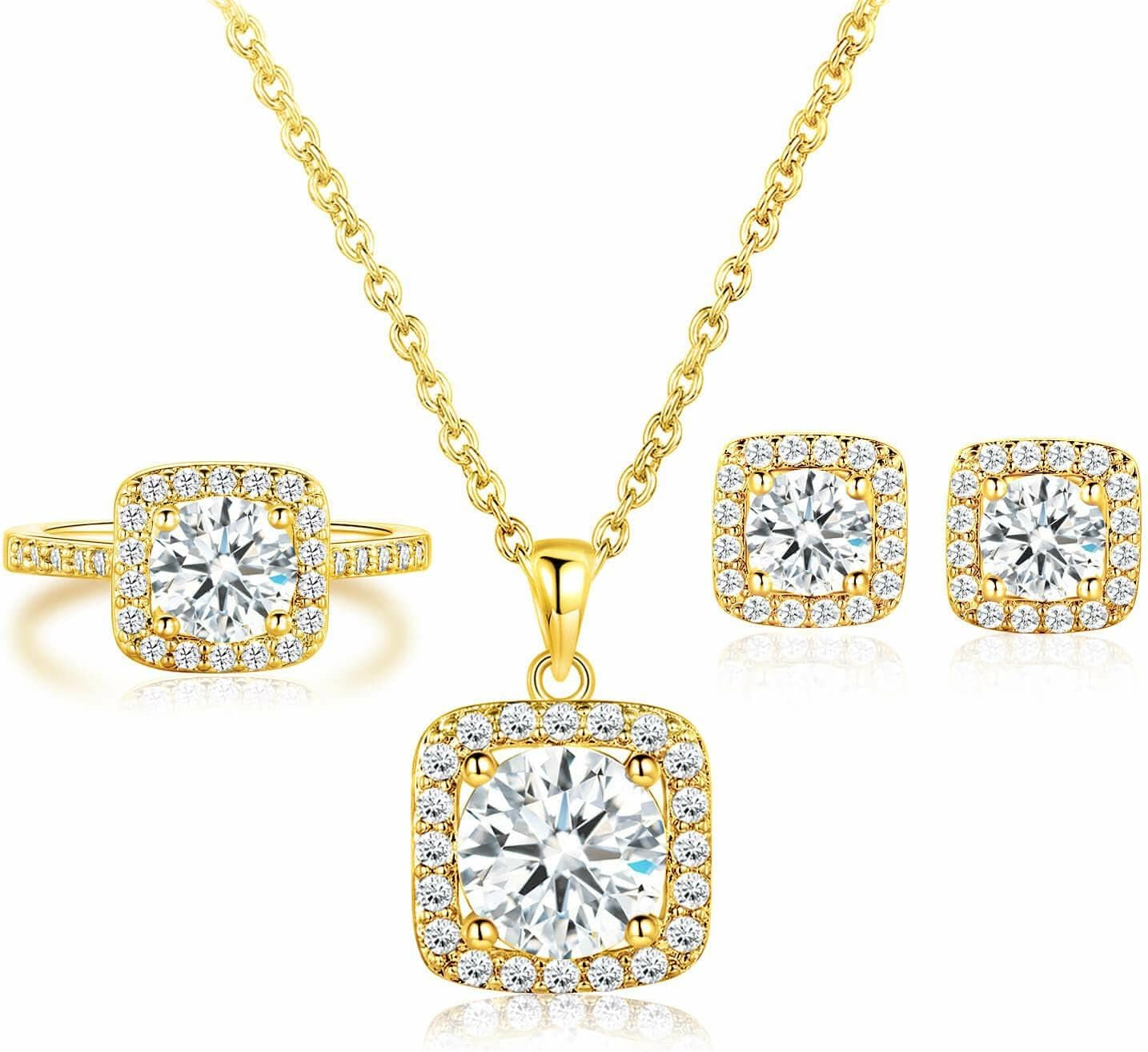 Jewelry Set for Women, 18K Rose Gold Plated Halo Cubic Zirconia Necklace/Earrings/Rings Wedding Hypoallergenic Jewelry Three-In-One