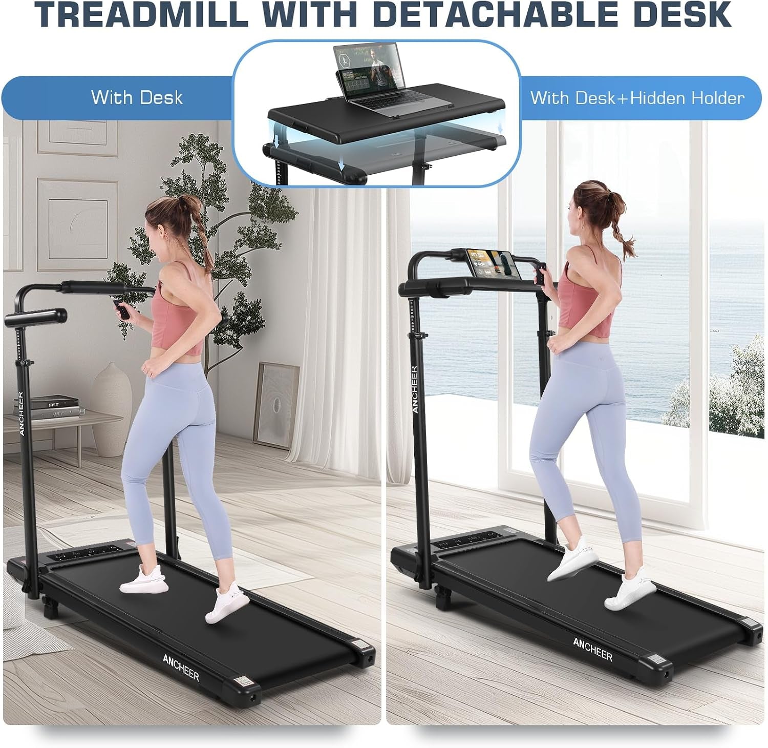 Height-Adjustable Desk Treadmill with 15% Incline for Home Office Workout | 8 in 1 Folding Treadmill 450Lbs Weight Capacity, 3.5HP Quiet Portable Treadmill with Desk, 3 Type Control, Ready to Use