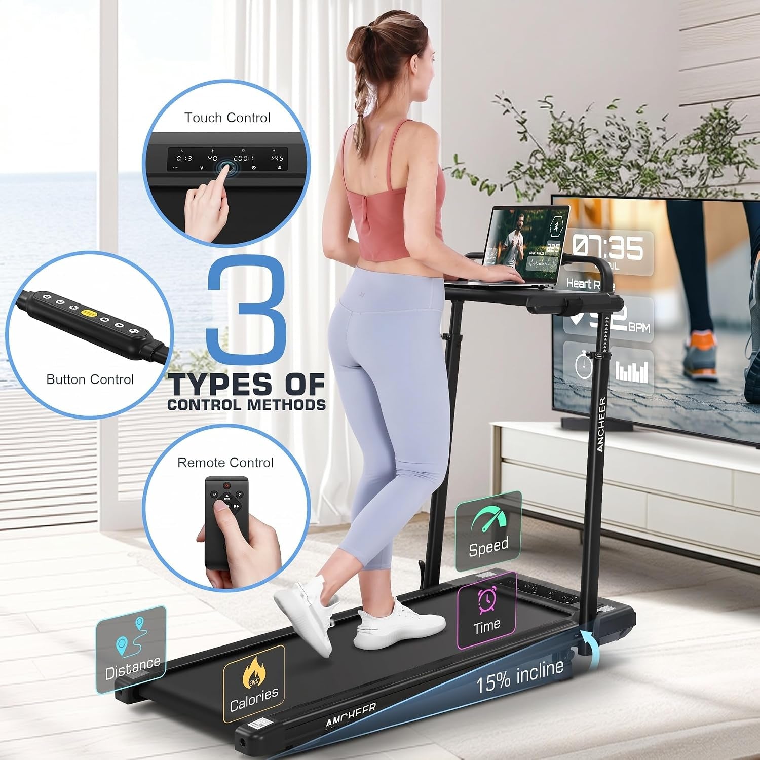 Height-Adjustable Desk Treadmill with 15% Incline for Home Office Workout | 8 in 1 Folding Treadmill 450Lbs Weight Capacity, 3.5HP Quiet Portable Treadmill with Desk, 3 Type Control, Ready to Use
