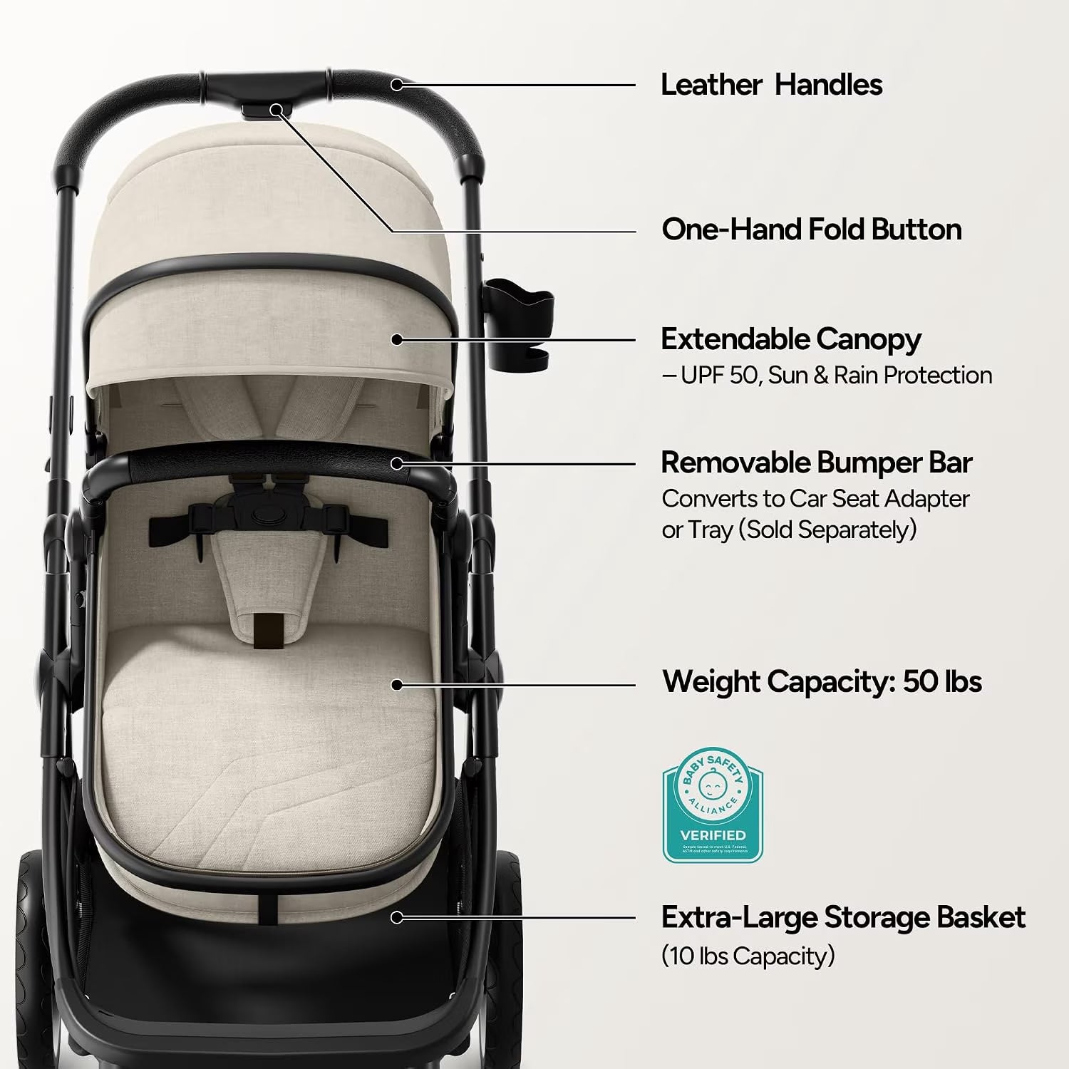 Wiz 2-In-1 Baby Stroller with Bassinet Mode, Reversible Seat and Large Canopy, Khaki, 22.3LB, Unisex